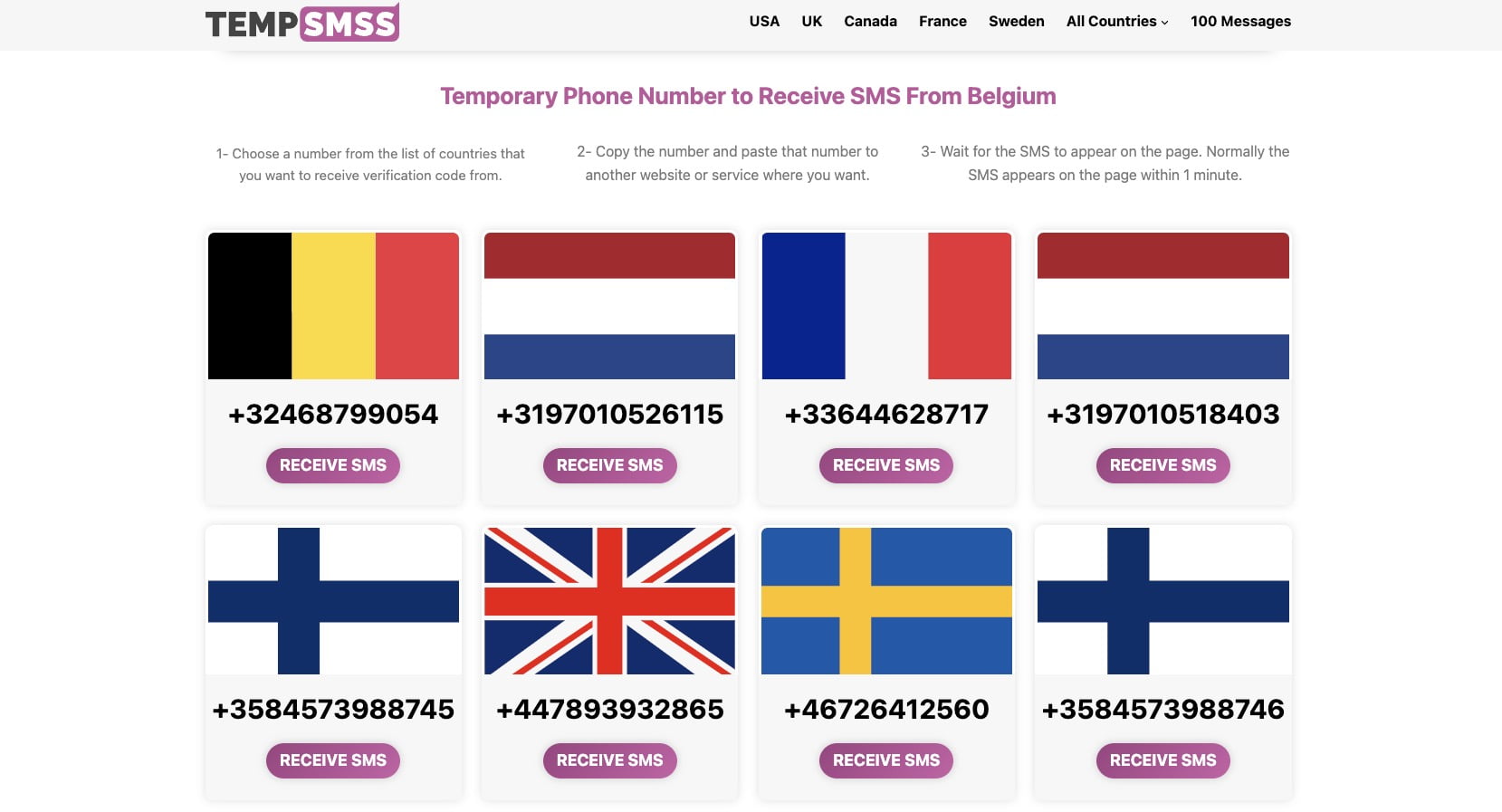 代收 SMS 網上服務 – TEMPSMSS，10個國家、400個免費號碼可用