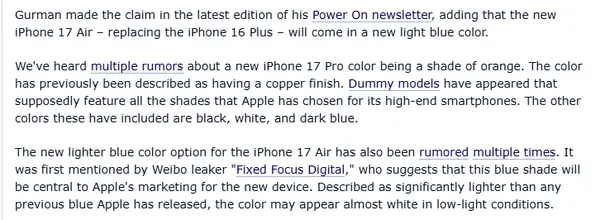 Apple iPhone 17 Pro 和 iPhone 17 Air 將推出全新橙色及淺藍色配色選擇