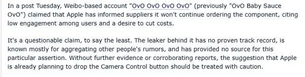 Apple 可能不再為後續 iPhone 型號採購相機控制按鈕組件