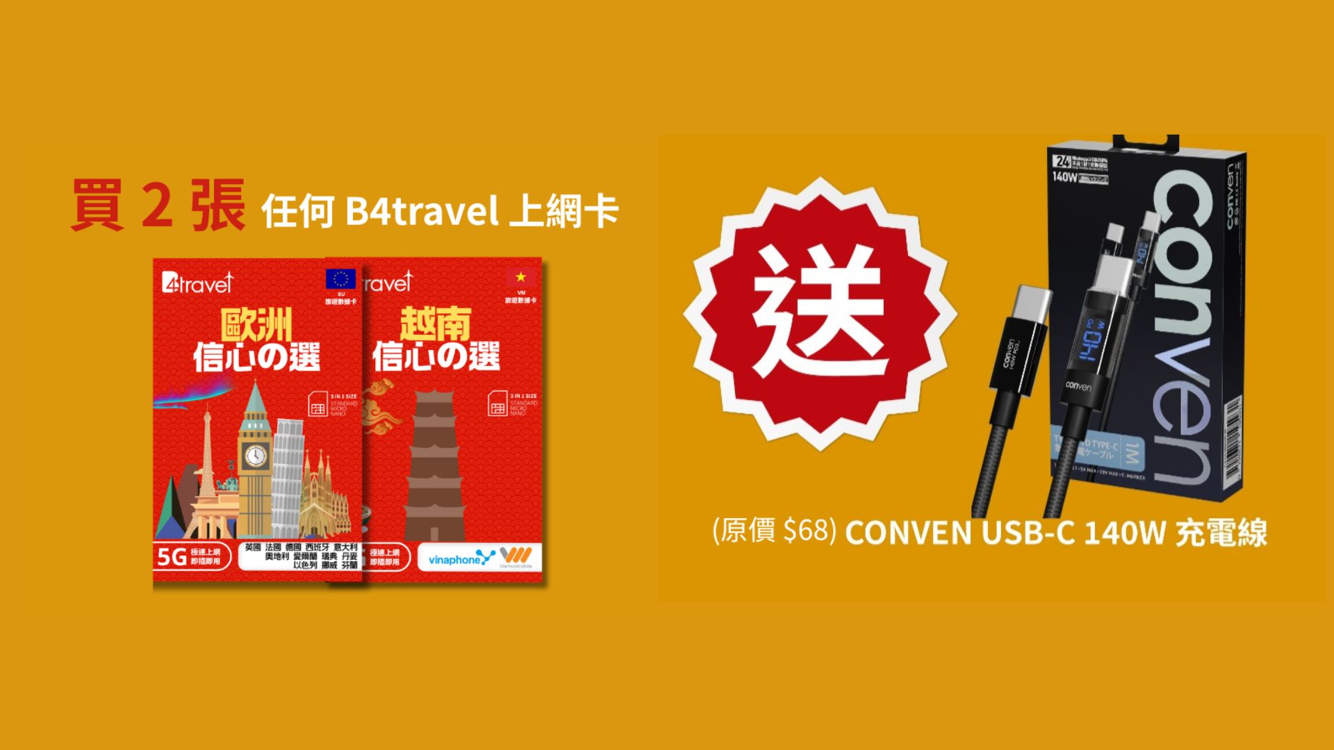 B4travel 日韓台上網卡 推「買卡送充電線」優惠！$116 有 5G 無限數據同 iPhone 快充線