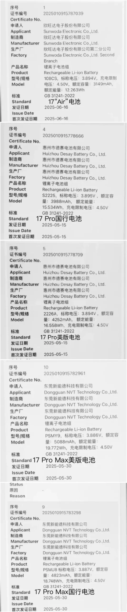 iPhone 17系列美版電池容量超越國行版  Pro Max達5088mAh
