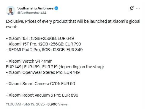 小米將於2025年9月24日舉行全球新品發佈會 介紹多款新產品與定價信息