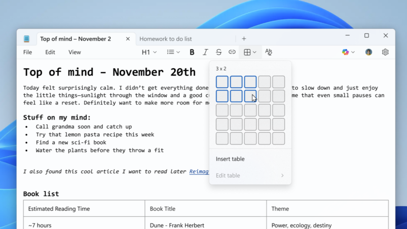 Windows 11 記事本新增表格功能及更流暢 AI 回應