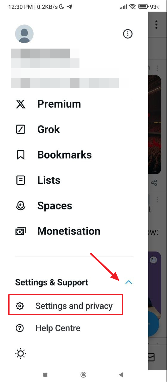 Settings and privacy menu