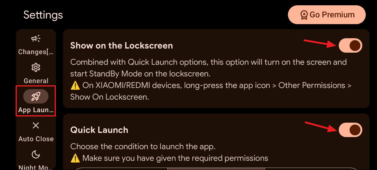App Launch controls page