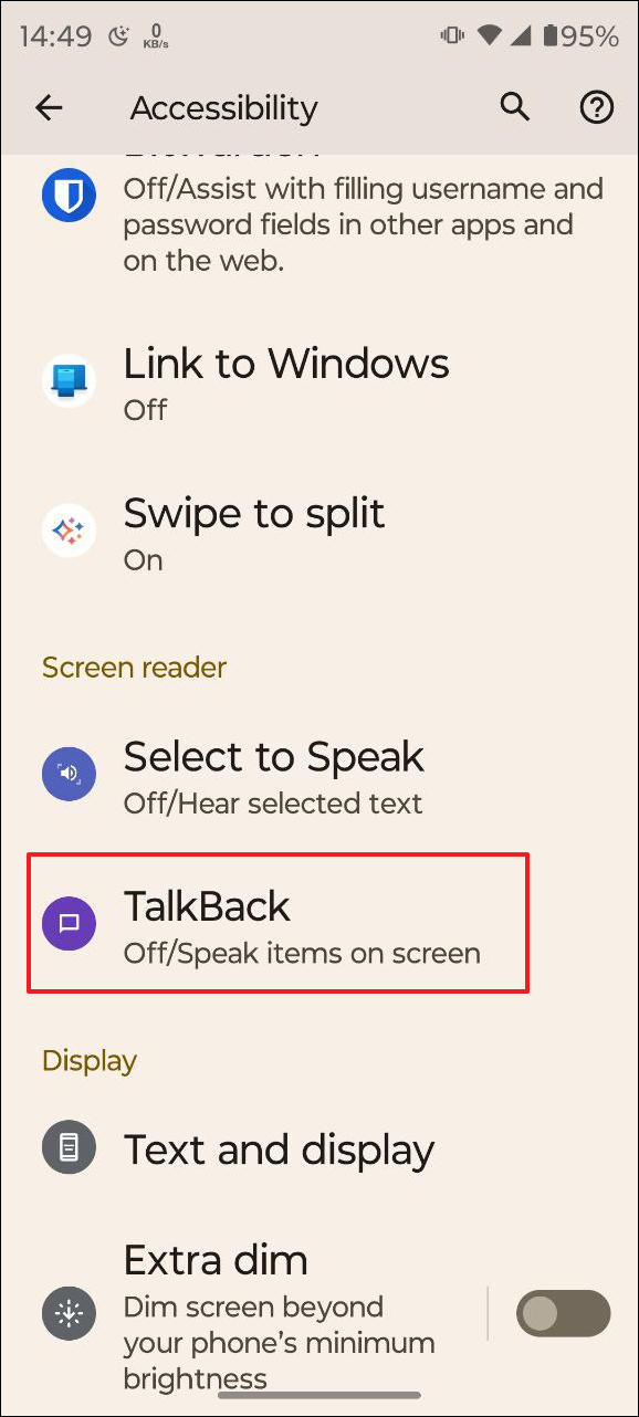 TalkBack 開關的選項