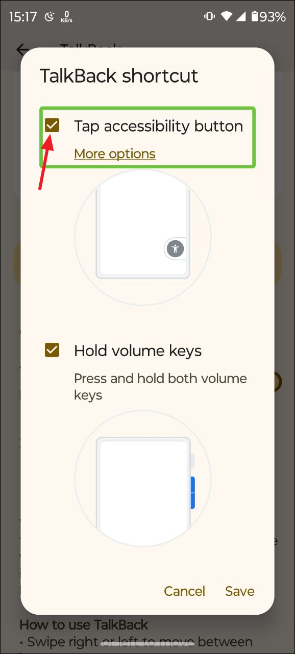 TalkBack 快捷方式的選項