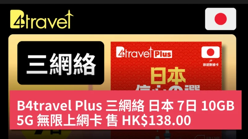 B4travel Plus 三網絡 日本 7日 10GB 5G 無限上網卡 售 HK$138.00