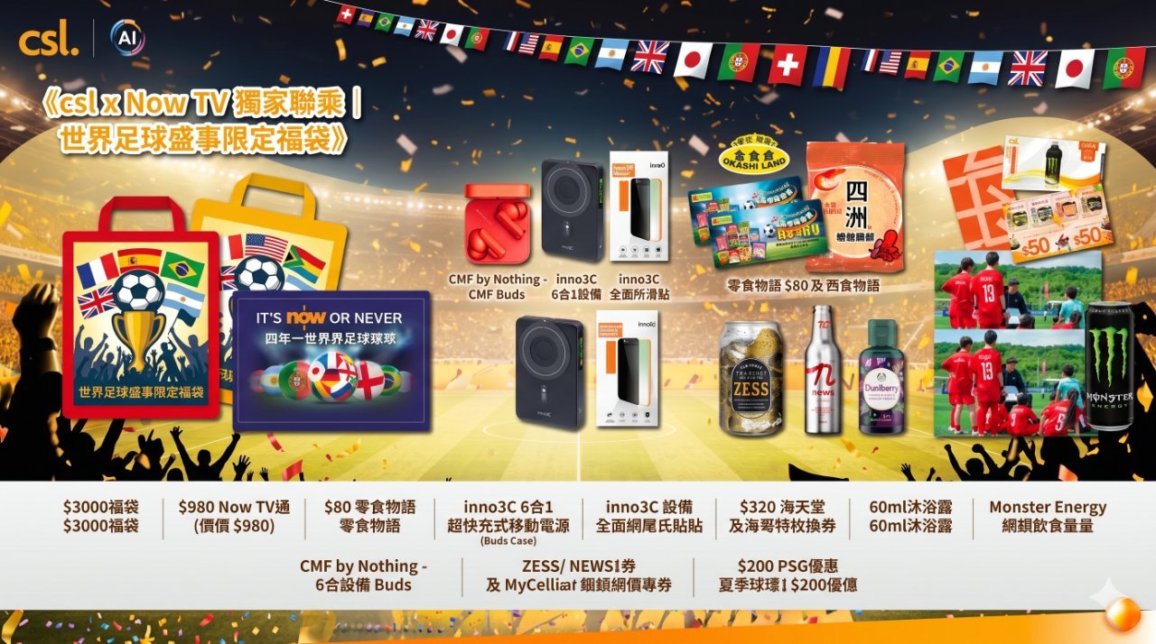 圖片展示了csl與Now TV合作的限量福袋,包含多款產品,如耳機、飲品及零食,背景有足球主題元素和各國國旗。
