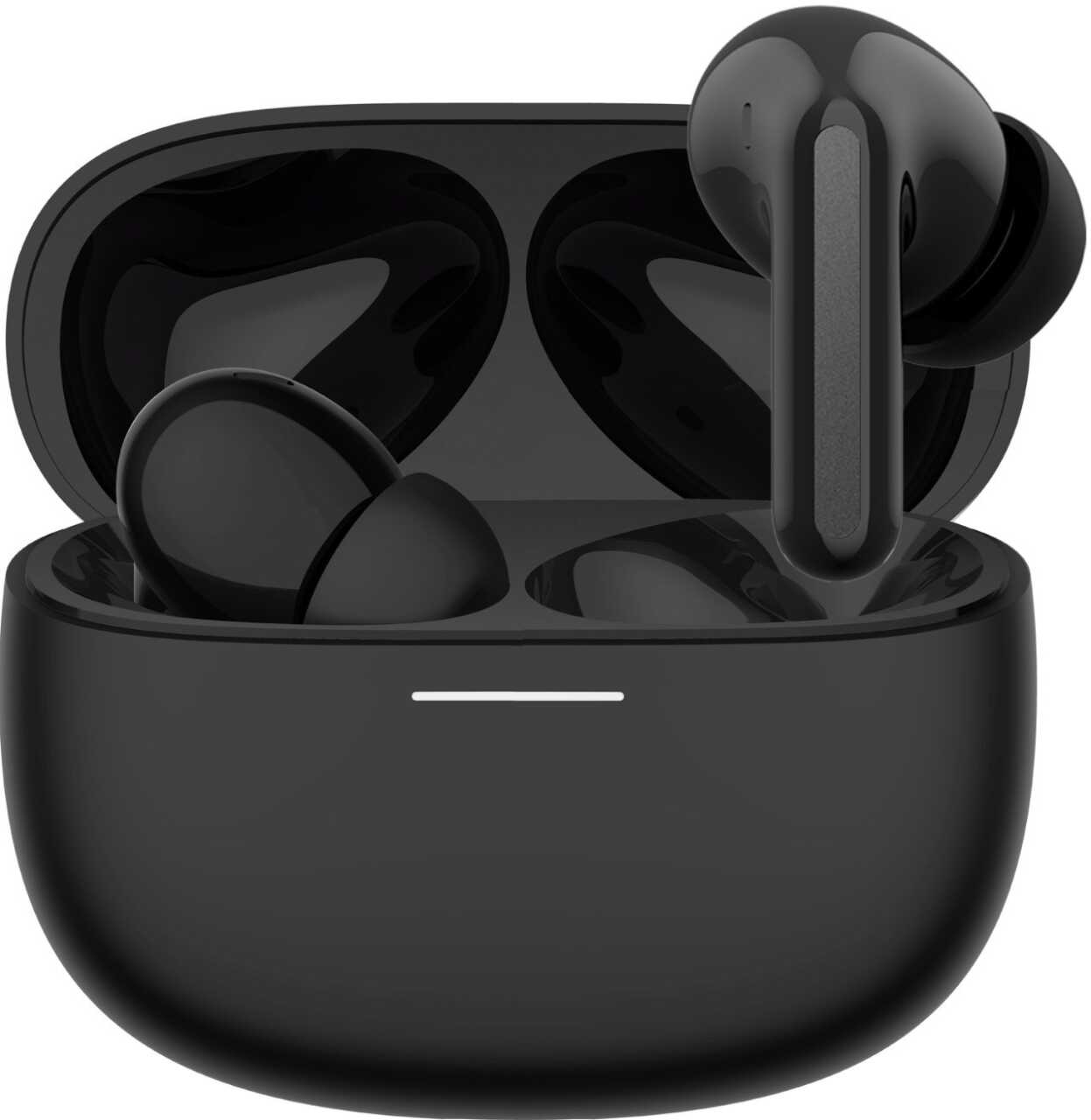 一對黑色無線耳機放於充電盒內,盒蓋打開,耳機設計圓潤,外觀光滑。