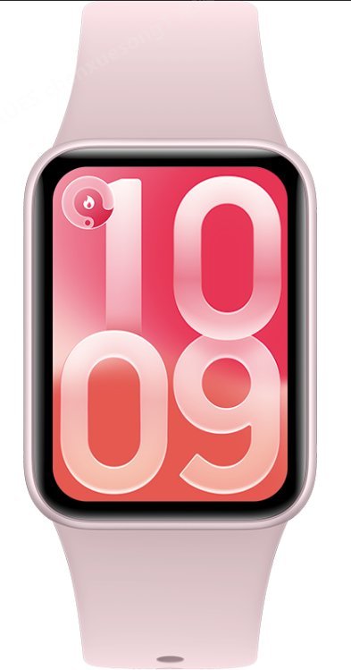 圖片顯示一部粉紅色智能手錶,螢幕上顯示時間「10:09」,背景為漸變紅色。