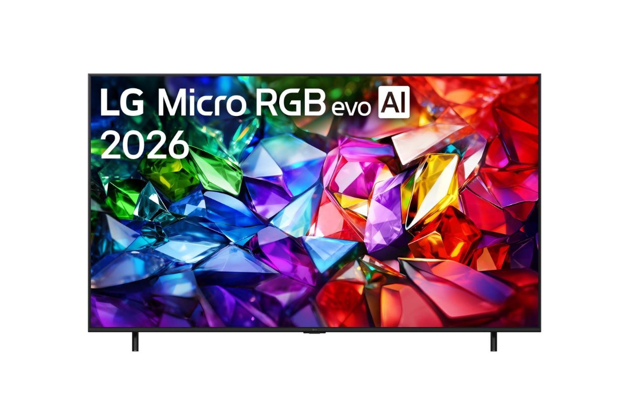 一部電視屏幕顯示五顏六色的寶石圖案,上面有「LG Micro RGB evo AI 2026」的字樣。
