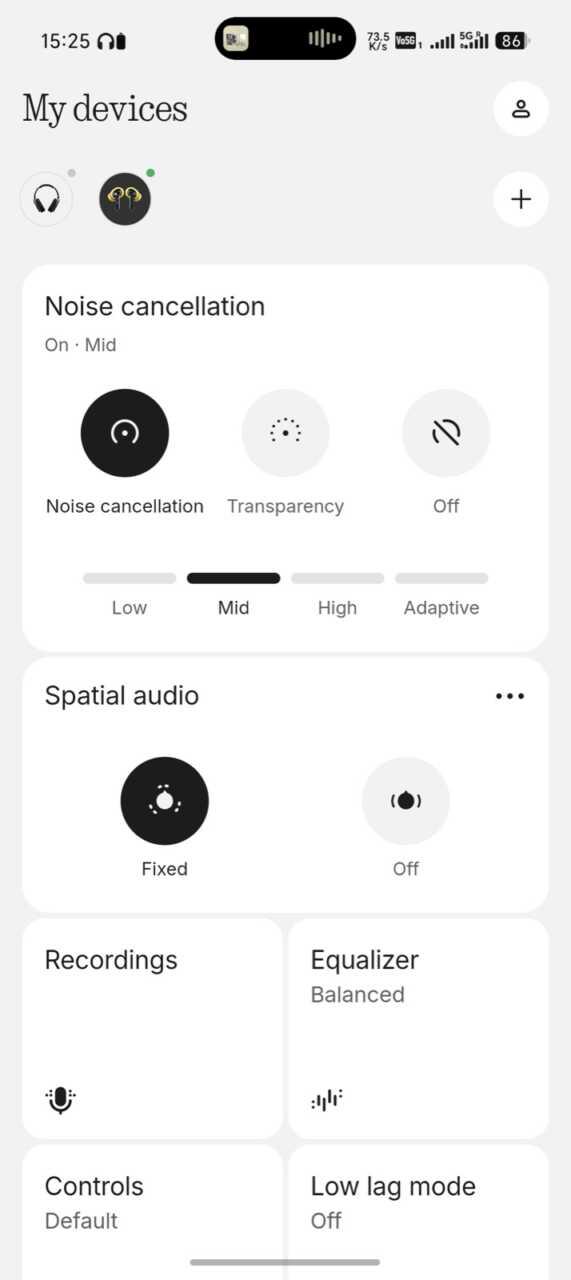 Nothing Ear (3a) - Nothing X 主控頁:降噪 Low/Mid/High/Adaptive,另有靜態空間音訊同低延遲模式