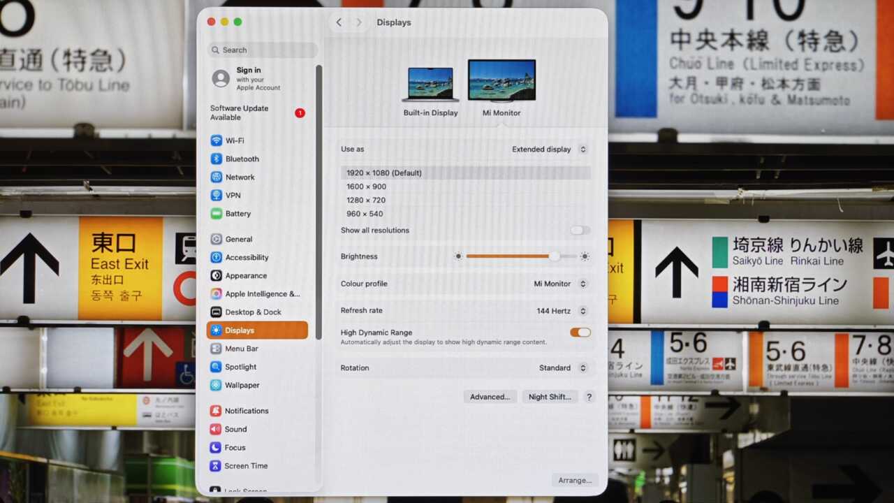 小米 Xiaomi Monitor A27i 2026 - 接上 Mac:系統認到「Mi Monitor」,更新率 144 Hertz、HDR 可以開啟