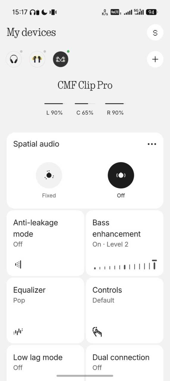 CMF by Nothing Clip Pro - Nothing X:空間音效、防漏音模式、低音增強、EQ、低延遲、雙裝置一頁齊