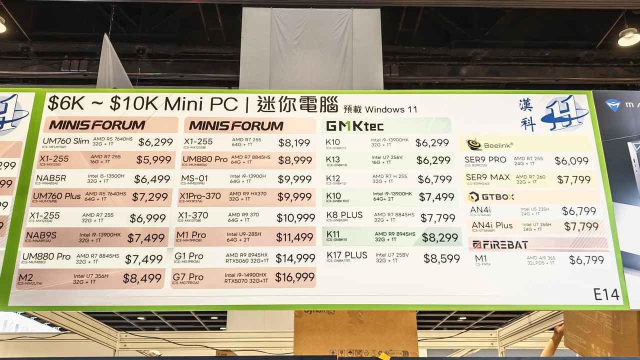 漢科 Mini PC 6K-10K価格表、Minisforum GMKtec Beelink GTBOX Firebat