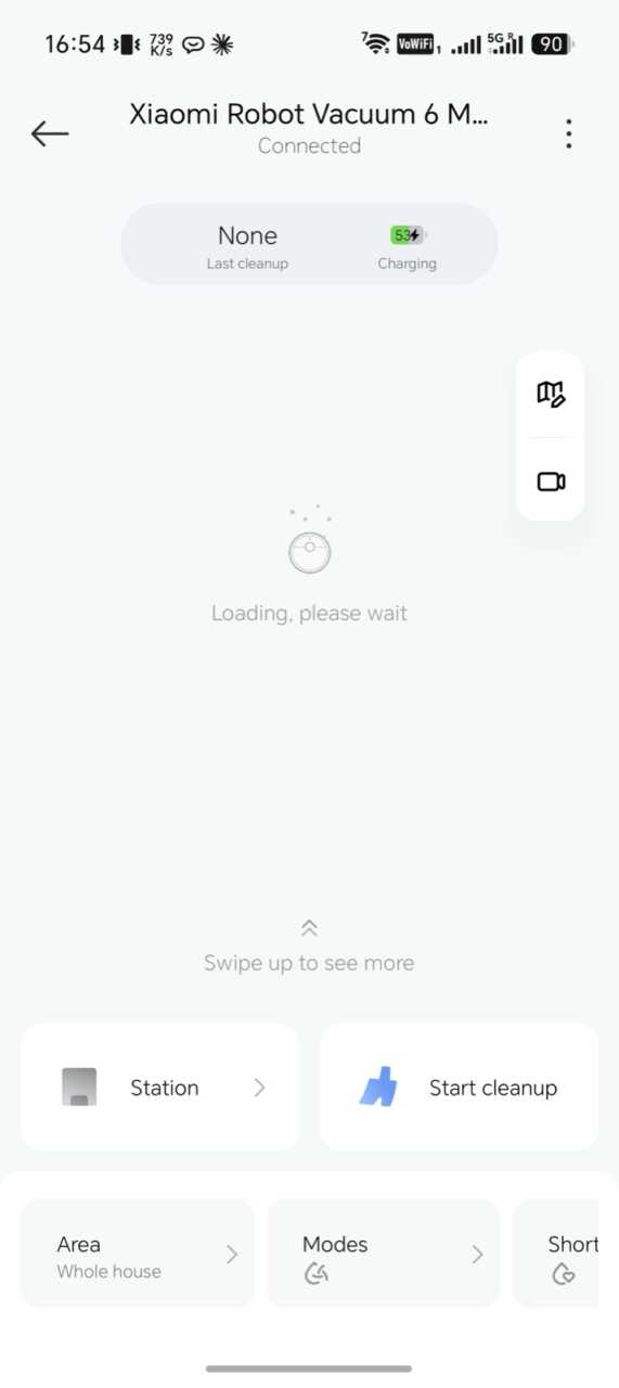 Xiaomi 掃拖機器人 6 Max - 頭一次連上嘅主控介面(英文):底座、開始清潔、區域、模式