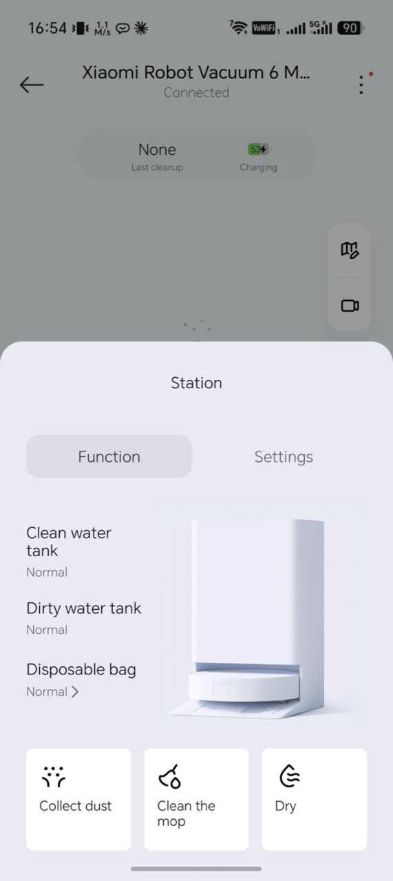 Xiaomi 掃拖機器人 6 Max - 底座面板顯示清水箱/污水箱/即棄集塵袋狀態,另有集塵、洗拖布、烘乾三個掣