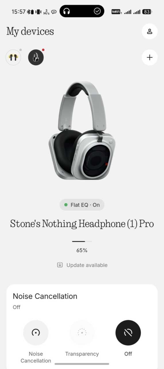 Nothing X:Headphone (1) Pro 主頁,Flat EQ On、電量 65%