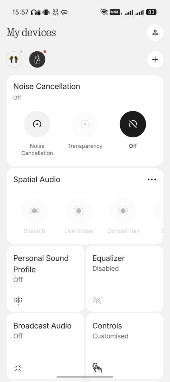 App 功能卡:空間音訊場景、Personal Sound、EQ、Broadcast、Controls